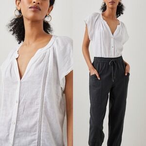 Rails Sz S Alena Split Neck Button Blouse White Lace Detail Linen Blend Top